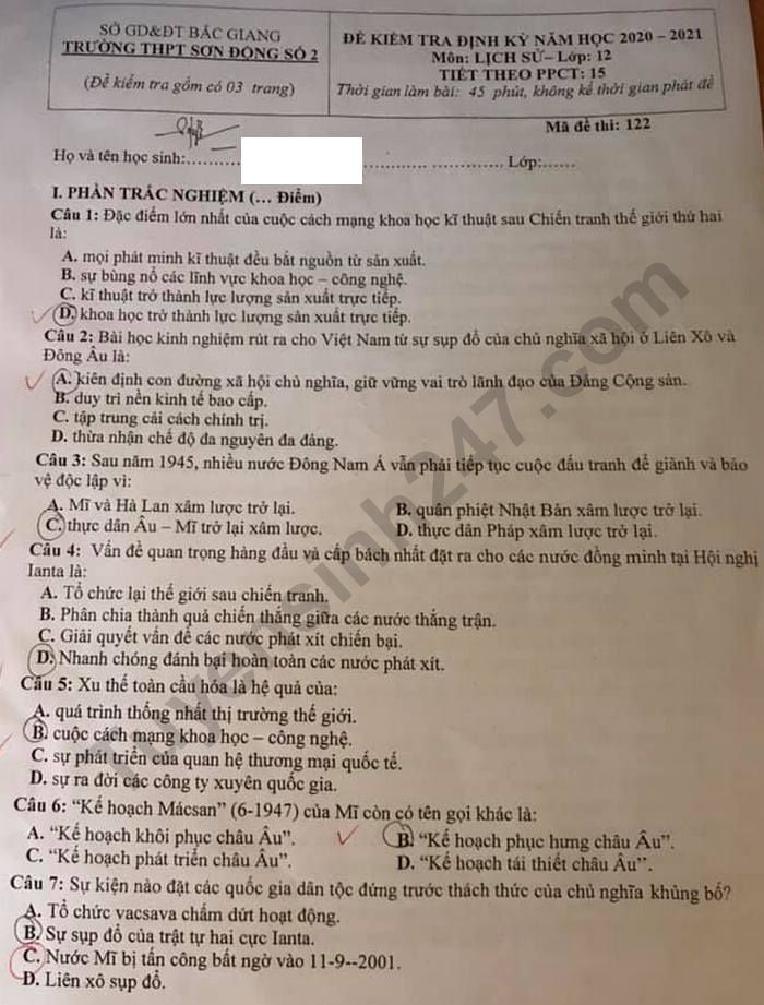 Đề kiểm tra định kỳ năm  môn sử