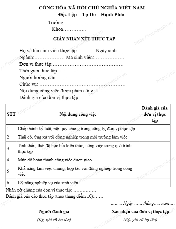 Danh sách  mẫu nhận xét tiên tiến nhất từ đơn vị thực tập năm  bảo đảm  chuẩn chỉnh form