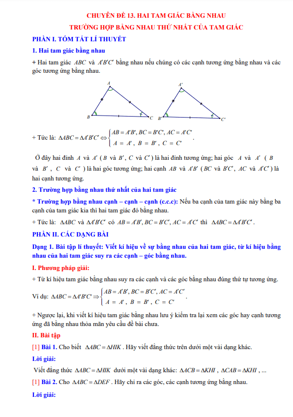 Chuyên đề nhị tam giác đều bằng nhau trường hợp bởi nhau thứ nhất của tam  giác toán